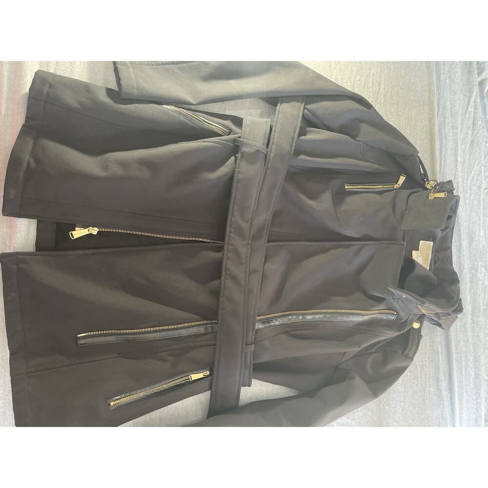 Michael Kors Jacket Womens Medium Black Softshell Belted Gold Zipper Coat Hooded